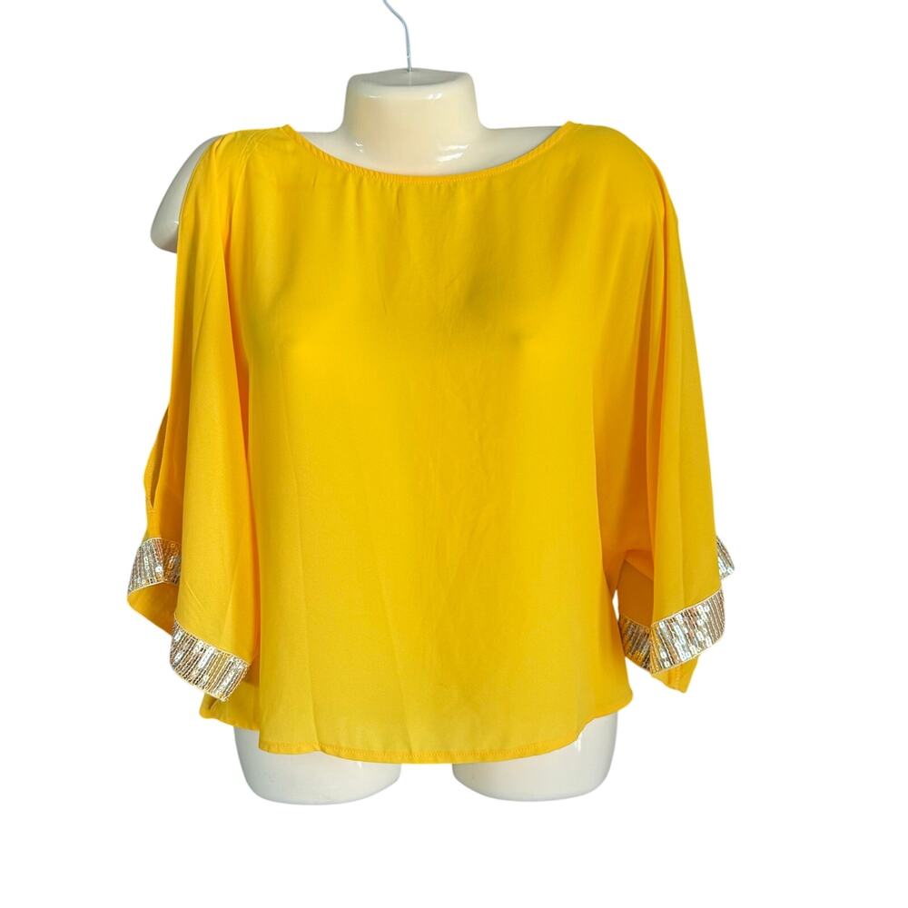 Yellow Blouse Cold Shoulder Embellished Cuff 3/4 Sleeve Top Women’s M